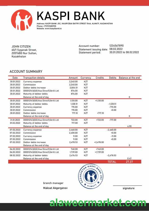 Kazakhstan Kaspi Bank statement